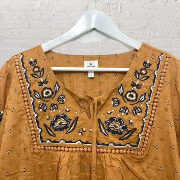 Dressbarn L Mustard Boho Embroidered Peasant Blouse Tassel - Picture 4 of 11